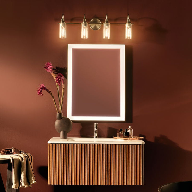 Kichler Kavi 31.5in Wide 4-Light Vanity Light | Champagne Bronze Steel & Clear Glass | Bathroom & Powder Room | 4 x T10 Bulbs, Dimmable | Model 55212CPZ
