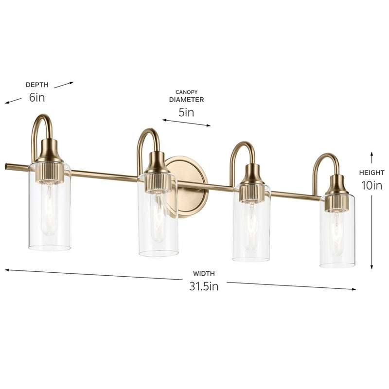 Kichler Kavi 31.5in Wide 4-Light Vanity Light | Champagne Bronze Steel & Clear Glass | Bathroom & Powder Room | 4 x T10 Bulbs, Dimmable | Model 55212CPZ
