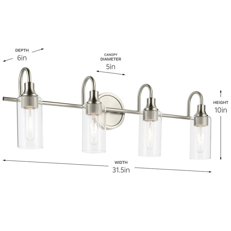 Kichler Kavi 31.5in Wide 4-Light Bathroom Vanity Light | Brushed Nickel Steel & Clear Glass | Modern Bath Vanity Lighting | 4 x T10 Bulbs | Model 55212NI