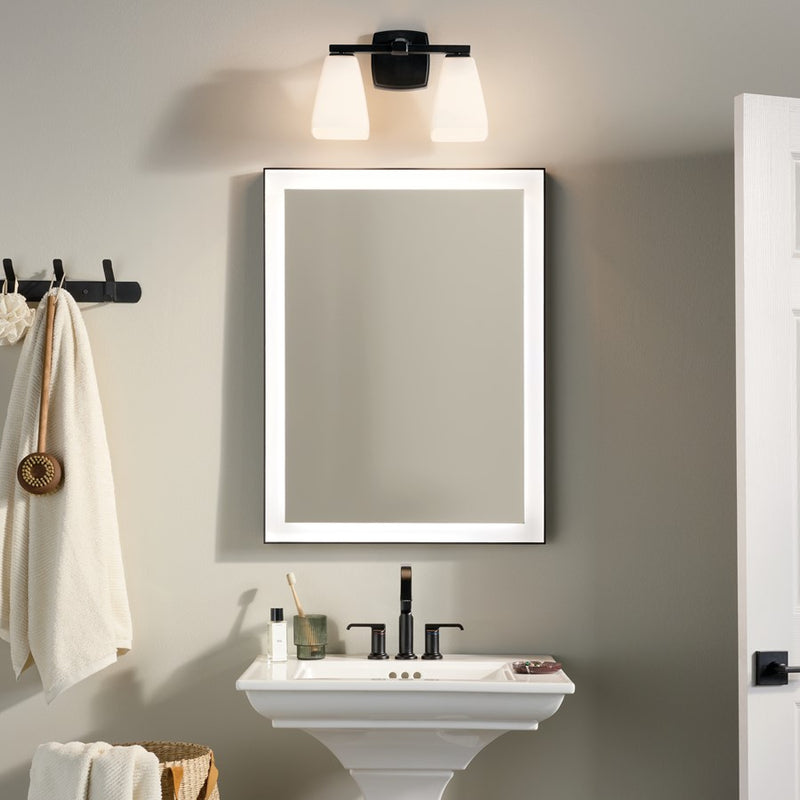 Kichler Marant 14.25in Wide 2-Light Vanity Light | Modern Black Steel & Cased Opal Glass | Bathroom Vanity Light | 2 A-Bulbs, 120V | Model 55215BK