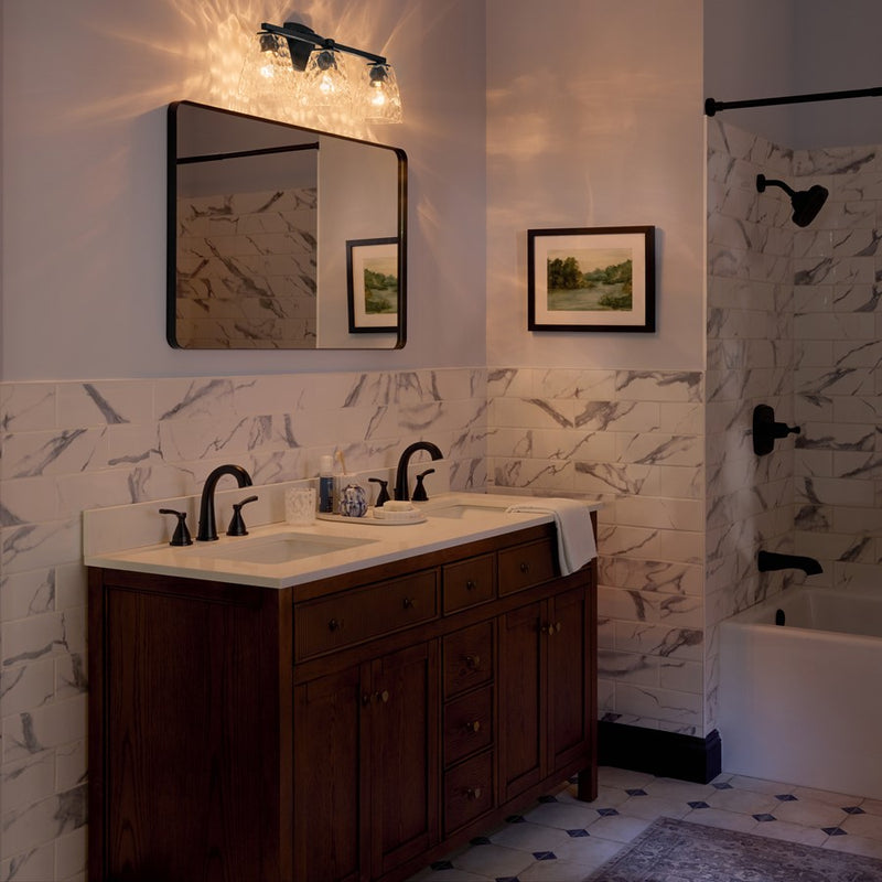 Kichler Marant 23.75in 3-Light Vanity Light | Modern Black Steel & Clear Water Glass | Bathroom Vanity & Powder Room | 120V, Dimmable | Model 55216BKWTR