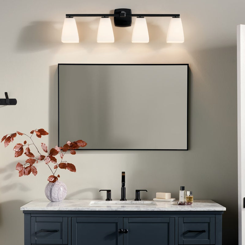 Kichler Marant 33in 4-Light Bath Vanity Light | Contemporary Black & Cased Opal Glass | Bathroom Vanity & Powder Room Light | 120V, 4 Bulbs | Model 55217BK