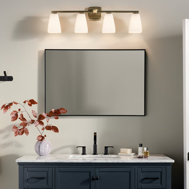 Kichler Marant 33in Wide 4-Light Vanity Light | Modern Champagne Bronze Steel & Cased Opal Bath Vanity Light | Dimmable, 4 Bulbs| Model 55217CPZ