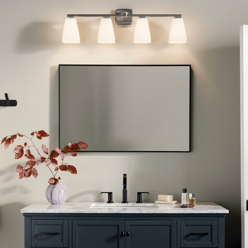 Kichler Marant 33.25in Wide 4-Light Vanity Light | Brushed Nickel & Cased Opal Glass | Bathroom & Powder Room Vanity Lighting | 4 x 60W | Model 55217NI