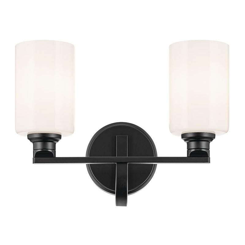 Kichler Gioe 14.25in Wide 2-Light Vanity Light | Modern Black Steel & White Glass | Bathroom Vanity & Damp-Rated Accent | 2-Light, Dimmable | Model 55225BK