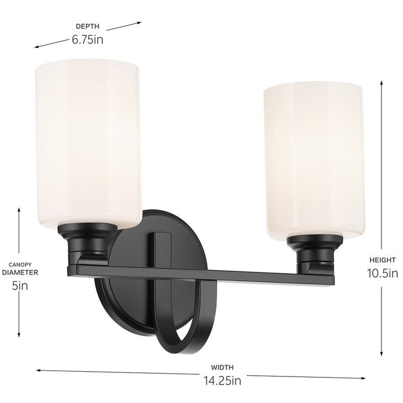 Kichler Gioe 14.25in Wide 2-Light Vanity Light | Modern Black Steel & White Glass | Bathroom Vanity & Damp-Rated Accent | 2-Light, Dimmable | Model 55225BK