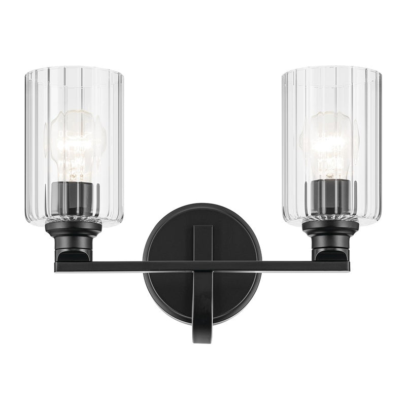 Kichler Gioe 2-Light 14in Vanity Light | Modern/Contemporary Matte Black Steel & Clear Fluted Glass | Bathroom & Powder Room Light | Model 55225BKFLU