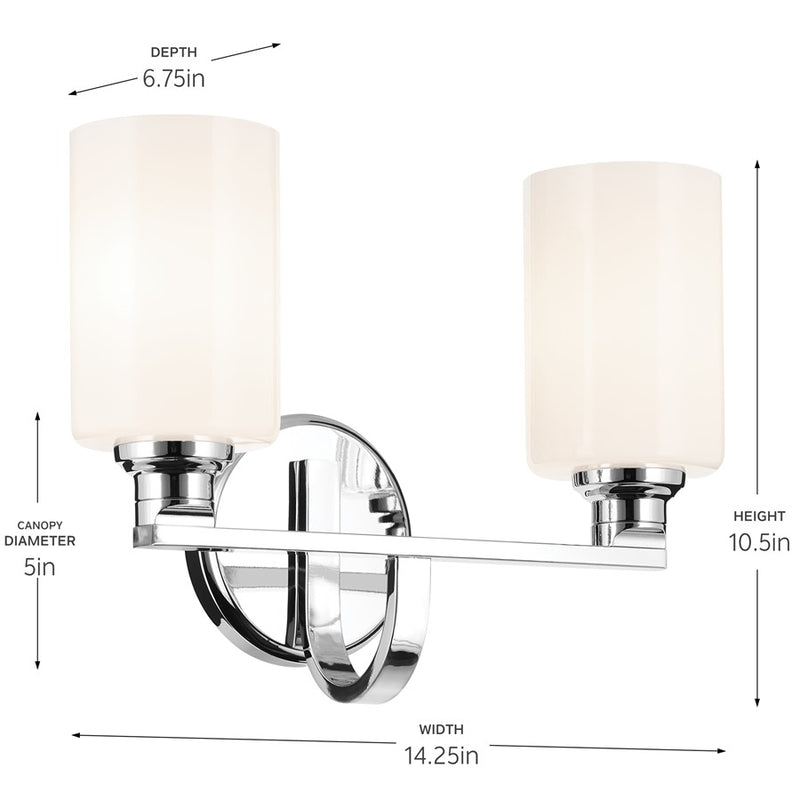 Kichler Gioe 14in Wide 2-Light Bathroom Vanity Light | Chrome Steel & Opal Glass | Bathroom & Powder Room Vanity | 60W Max, 120V, Dimmable | Model 55225CH