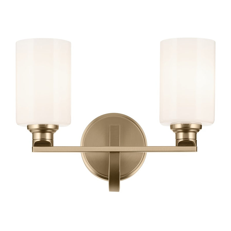 Kichler Gioe 14in Wide 2-Light Bath Vanity Light | Modern Champagne Bronze & White Glass | Bathroom & Powder Room Vanity Light | 60W | Model 55225CPZ