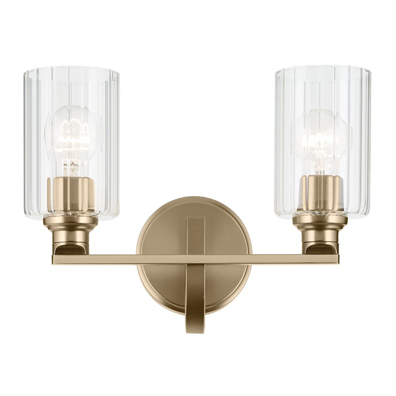 Kichler Gioe 14in Wide 2-Light Bath Vanity Light | Champagne Bronze Steel & Clear Fluted Glass | Bathroom & Powder Room | 2x 60W E26 | Model 55225CPZFLU