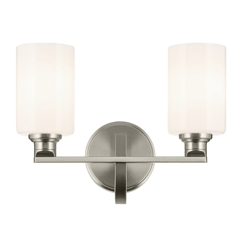 Kichler Gioe 2-Light Bath Vanity Light | Modern Brushed Nickel & Opal Glass | Bathroom Vanity Mirror Lighting | 14.25W x 10.5H, 2 A19 Bulbs | Model 55225NI
