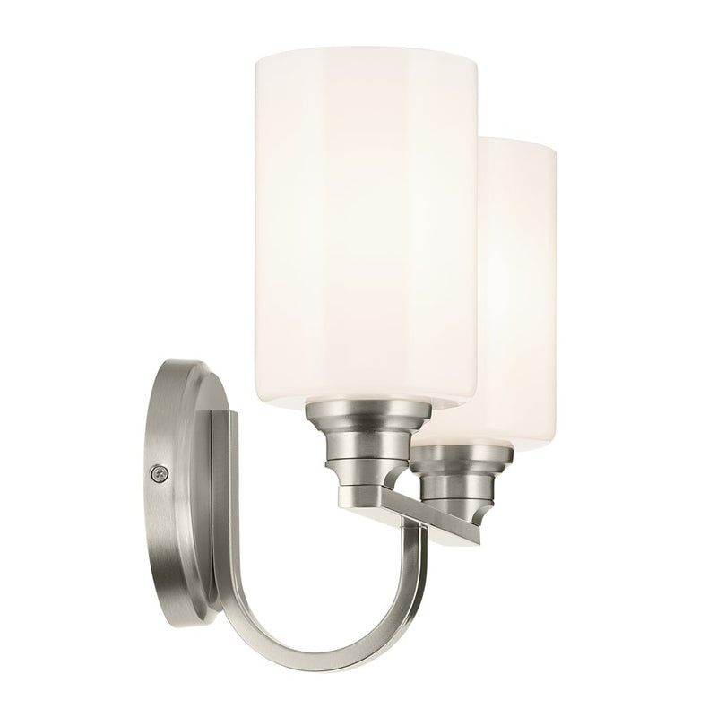 Kichler Gioe 2-Light Bath Vanity Light | Modern Brushed Nickel & Opal Glass | Bathroom Vanity Mirror Lighting | 14.25W x 10.5H, 2 A19 Bulbs | Model 55225NI