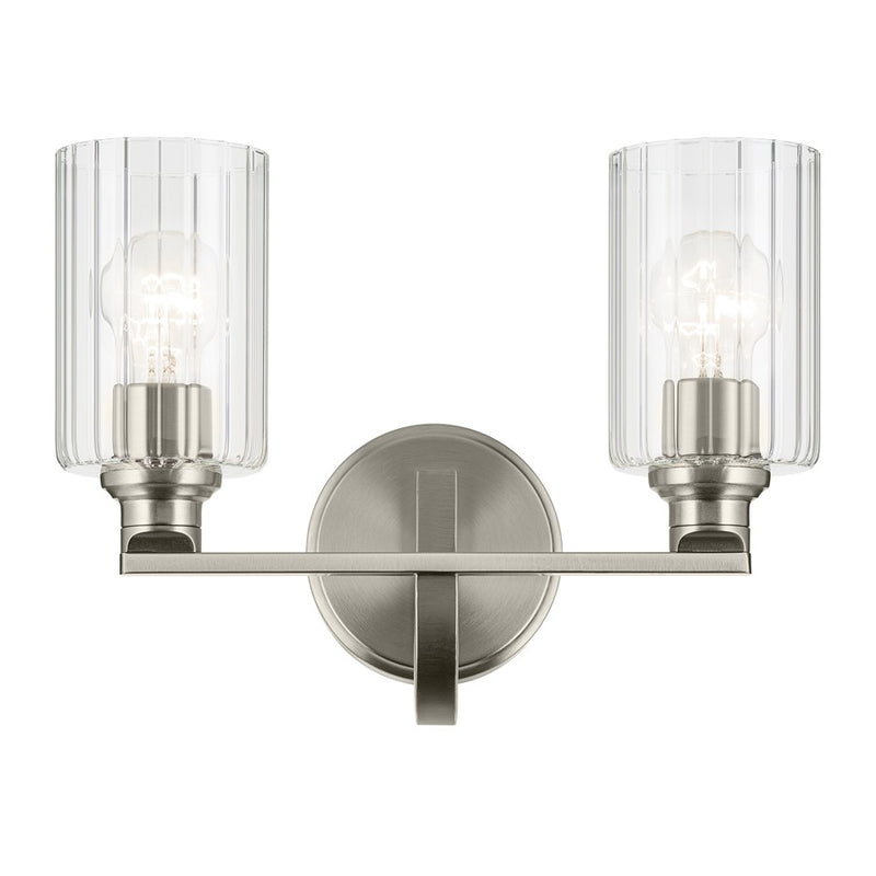 Kichler Gioe 14.25in 2-Light Bath Vanity | Modern Brushed Nickel & Clear Fluted Glass | Bathroom & Powder Room Vanity Light | 120V | Model 55225NIFLU