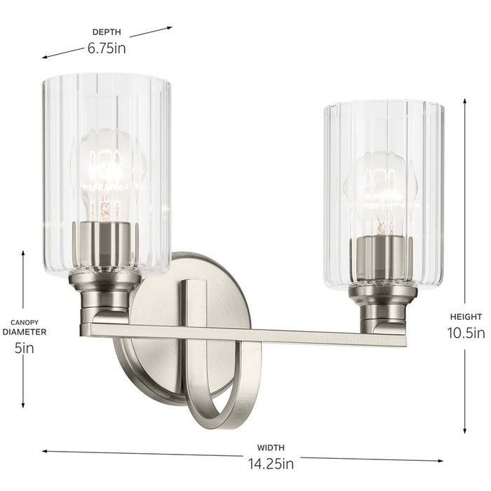 Kichler Gioe 2 Light Wall Mt Bath 2 Arm, Nickel/Clear Fluted