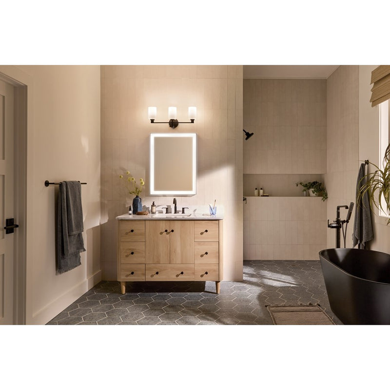 Kichler Gioe 24.25in Wide 3-Light Vanity | Modern Black & White Glass | Bathroom Vanity & Makeup Area Light | 300W Total, E26, Dimmable | Model 55226BK
