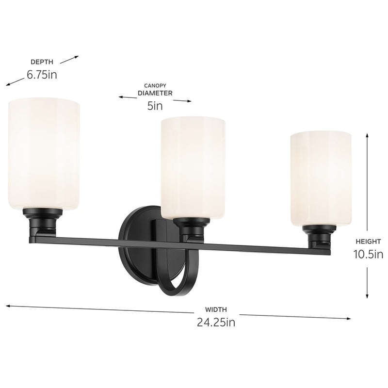 Kichler Gioe 24.25in Wide 3-Light Vanity | Modern Black & White Glass | Bathroom Vanity & Makeup Area Light | 300W Total, E26, Dimmable | Model 55226BK