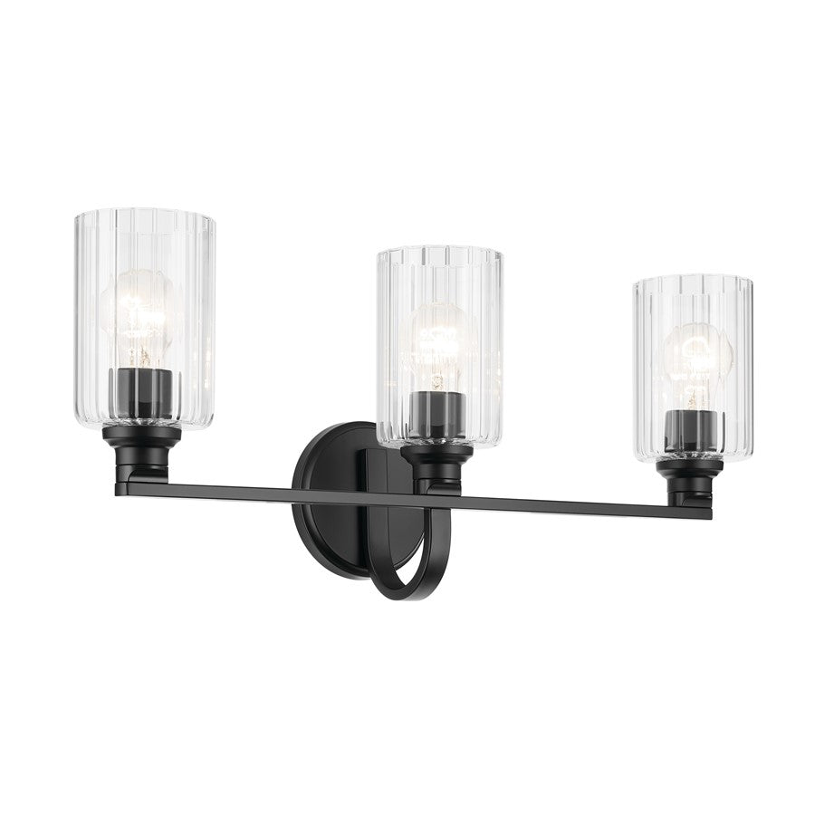 Kichler Gioe 3 Light Wall Mt Bath 3 Arm, Black/Clear Fluted - 55226BKFLU
