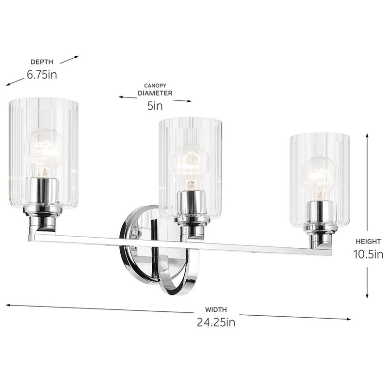 Kichler Gioe 3 Light 24" Wall Mt Bath 3 Arm, Chrome/Clear Fluted