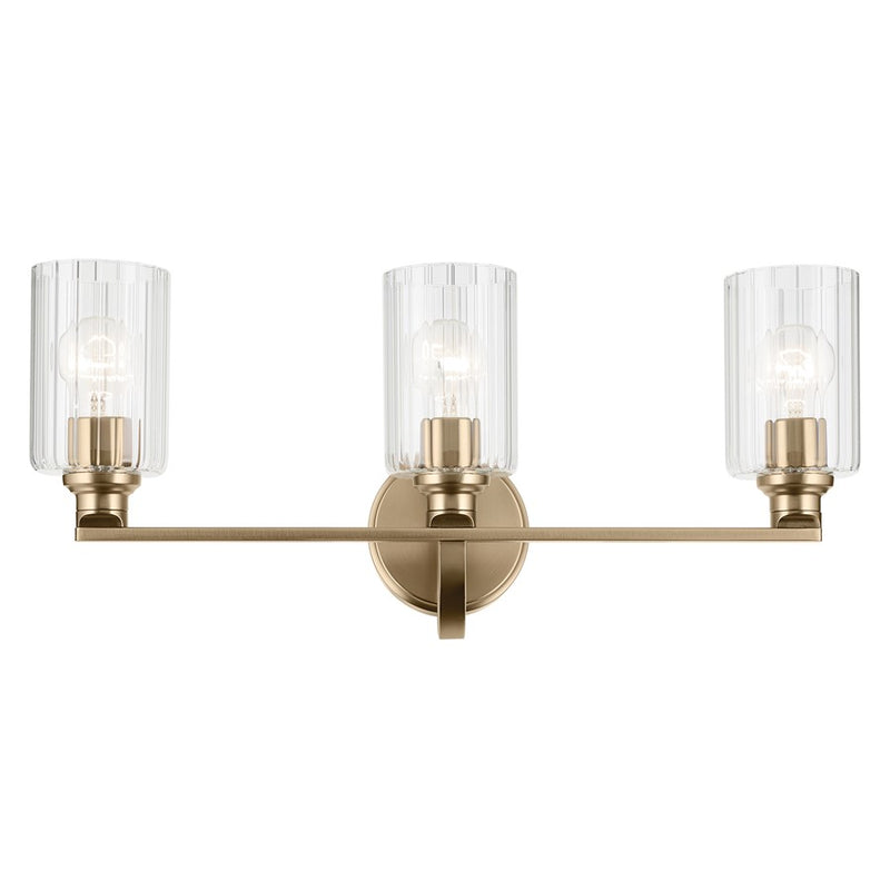 Kichler Gioe 3-Light 24in Wide Bath Vanity Light | Modern Champagne Bronze & Clear Fluted Glass | Bathroom & Bedroom Vanity | 3 Bulbs | Model 55226CPZFLU