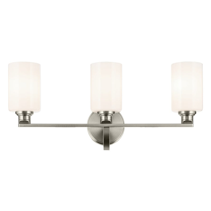 Kichler Gioe 3-Light 24in Vanity Light | Modern Brushed Nickel & White Glass | Bathroom Vanity Light | 120V, Dimmable, 3-Bulbs | Model 55226NI