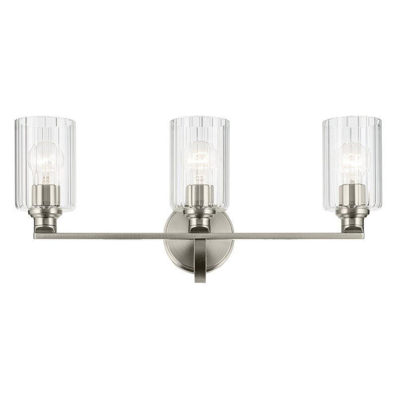 Kichler Gioe 3-Light 24in Bathroom Vanity Light | Modern Brushed Nickel & Clear Fluted Glass | Bathroom Vanity & Powder Room Lighting | Model 55226NIFLU