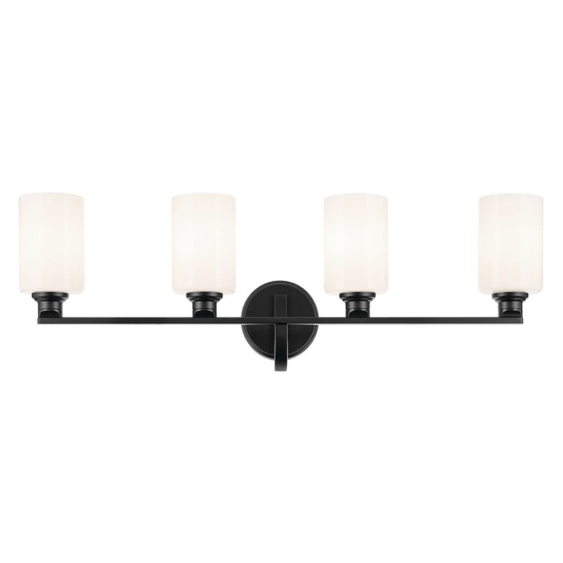 Kichler Gioe 32.25in 4-Light Bathroom Vanity Light | Modern Black Steel & White Glass | Primary & Guest Bath Vanity Light | 4 Bulbs 60W Max | Model 55227BK