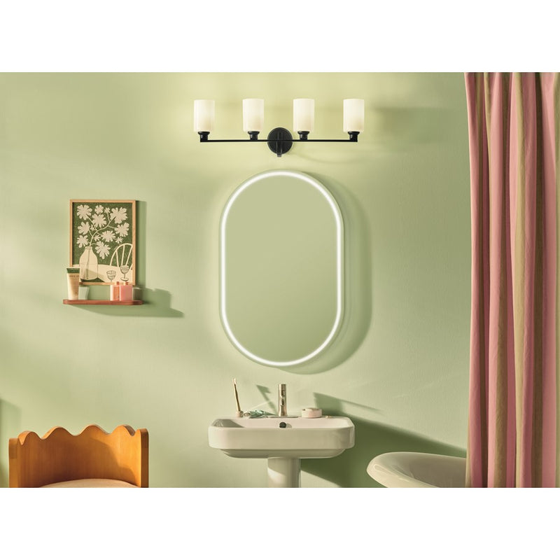 Kichler Gioe 32.25in 4-Light Bathroom Vanity Light | Modern Black Steel & White Glass | Primary & Guest Bath Vanity Light | 4 Bulbs 60W Max | Model 55227BK