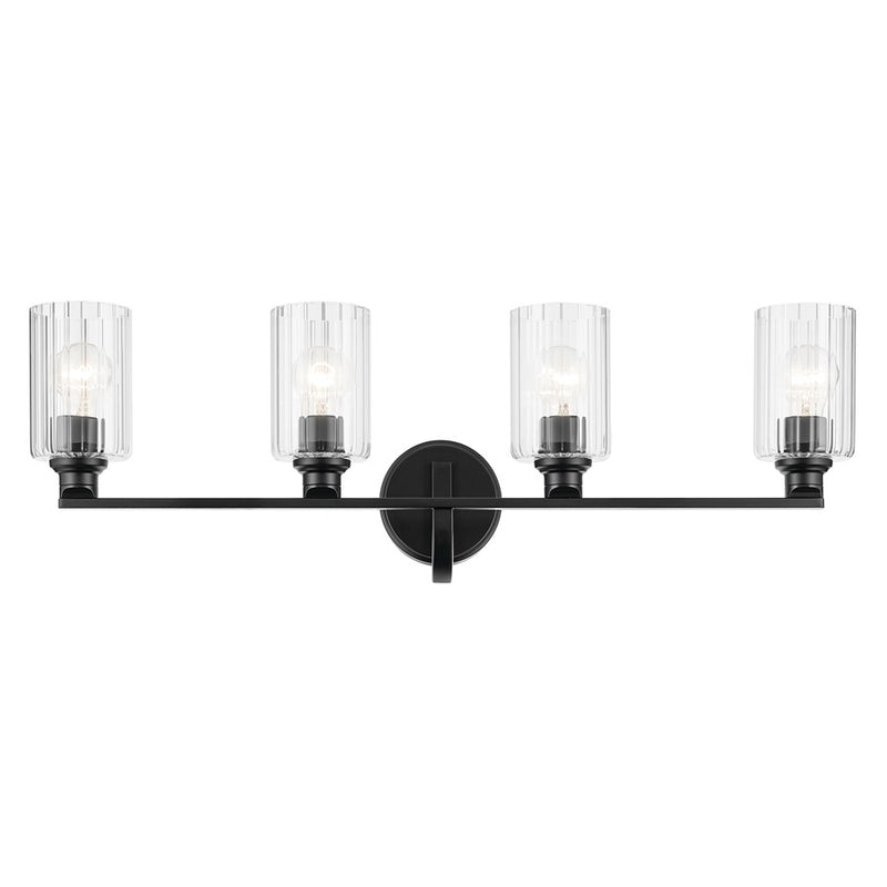 Kichler Gioe 32in Wide 4-Light Vanity Light | Modern Black Steel & Clear Fluted Glass | Bathroom Vanity Light | (4) Bulbs 60W | Model 55227BKFLU