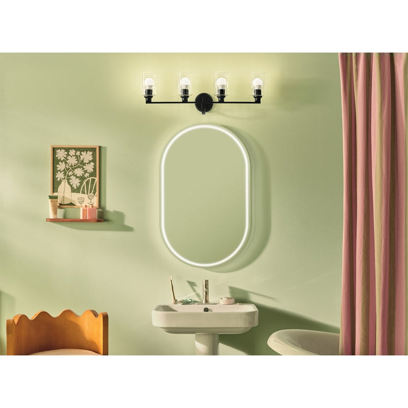 Kichler Gioe 32in Wide 4-Light Vanity Light | Modern Black Steel & Clear Fluted Glass | Bathroom Vanity Light | (4) Bulbs 60W | Model 55227BKFLU