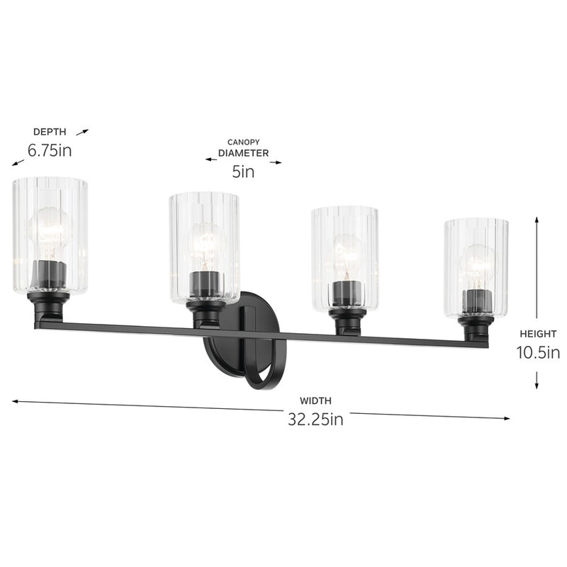 Kichler Gioe 32in Wide 4-Light Vanity Light | Modern Black Steel & Clear Fluted Glass | Bathroom Vanity Light | (4) Bulbs 60W | Model 55227BKFLU