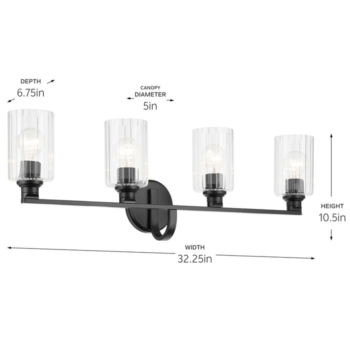 Kichler Gioe 4 Light Wall Mt Bath 4 Arm, Black/Clear Fluted