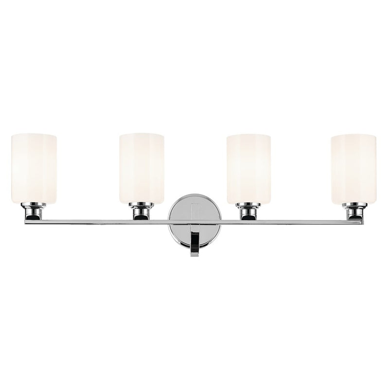 Kichler Gioe 32in 4-Light Bath Vanity | Modern Chrome Steel & White Glass | Bathroom Vanity & Hallway Light | Dimmable 120V, 4A-Type Bulbs | Model 55227CH