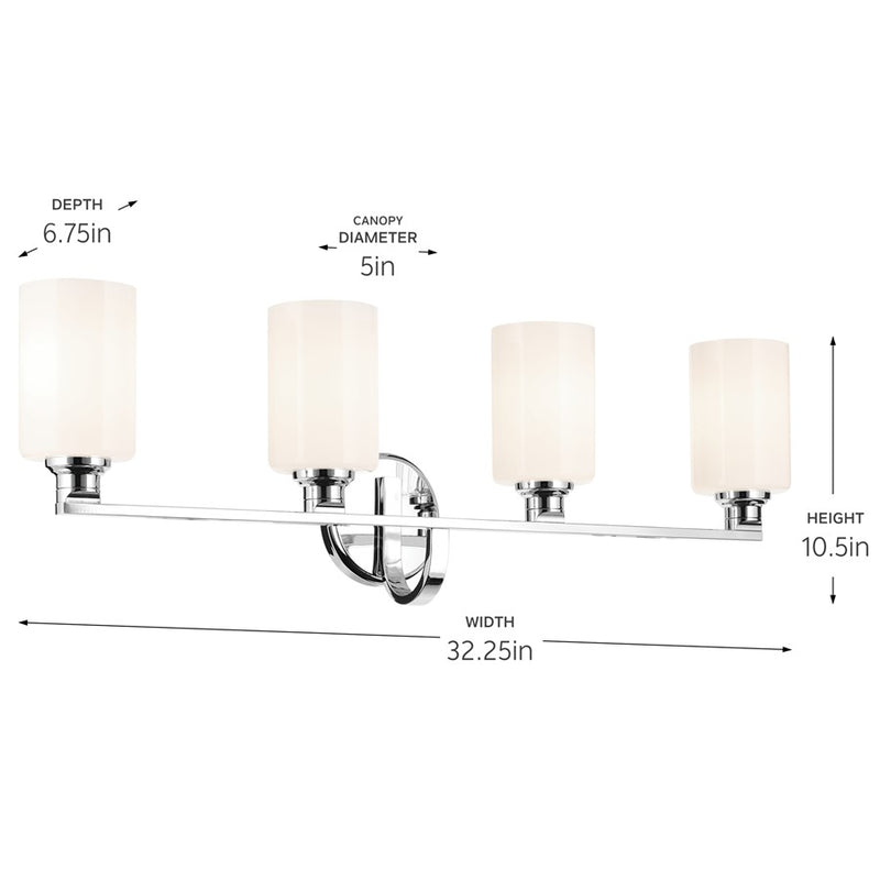 Kichler Gioe 32in 4-Light Bath Vanity | Modern Chrome Steel & White Glass | Bathroom Vanity & Hallway Light | Dimmable 120V, 4A-Type Bulbs | Model 55227CH