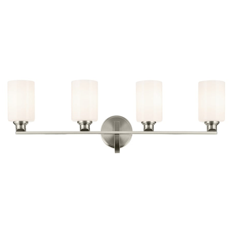 Kichler Gioe 32in Wide 4-Light Bathroom Vanity Light | Modern Brushed Nickel & White Opal Glass | Master Bath & Double Vanity | Dimmable | Model 55227NI