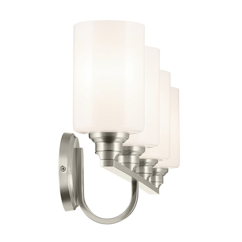 Kichler Gioe 32in Wide 4-Light Bathroom Vanity Light | Modern Brushed Nickel & White Opal Glass | Master Bath & Double Vanity | Dimmable | Model 55227NI