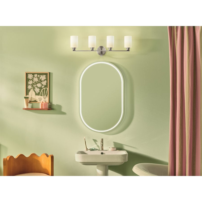 Kichler Gioe 32in Wide 4-Light Bathroom Vanity Light | Modern Brushed Nickel & White Opal Glass | Master Bath & Double Vanity | Dimmable | Model 55227NI