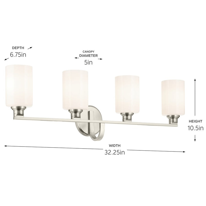Kichler Gioe 32in Wide 4-Light Bathroom Vanity Light | Modern Brushed Nickel & White Opal Glass | Master Bath & Double Vanity | Dimmable | Model 55227NI