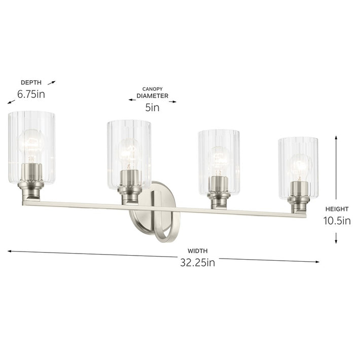 Kichler Gioe 4 Light Wall Mt Bath 4 Arm, Nickel/Clear Fluted
