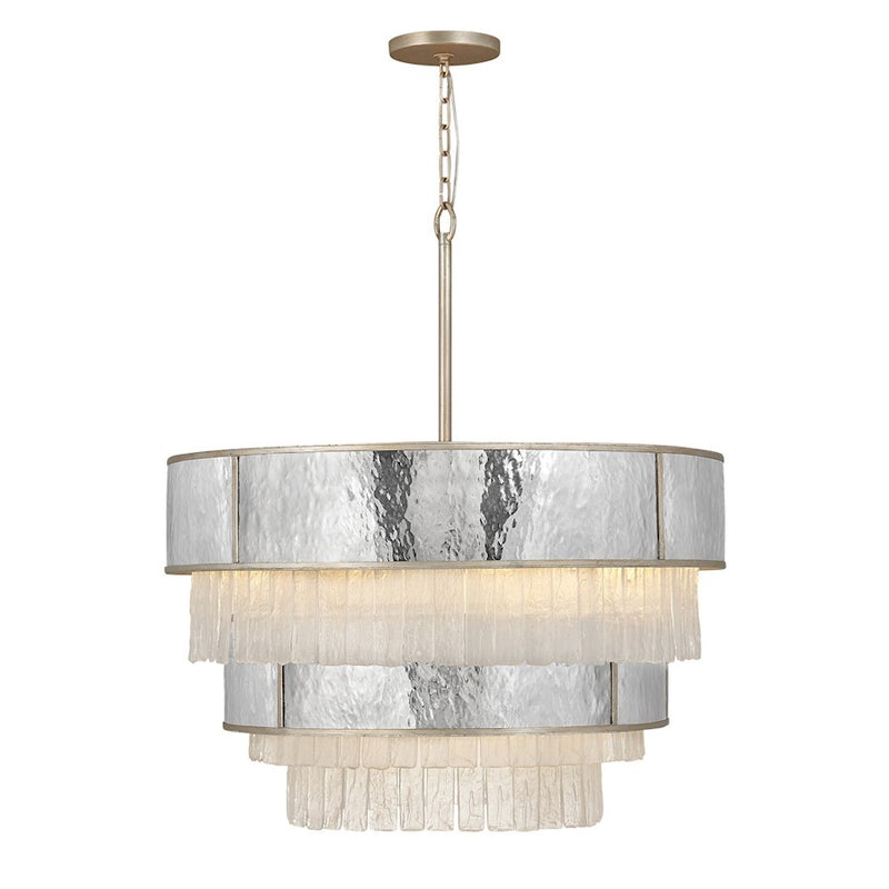 Fredrick Ramond Reverie 32in 12-Light Chandelier | Transitional Champagne Gold and Hammered Stainless Steel Drum | Living Room & Dining | Model FR32705CPG