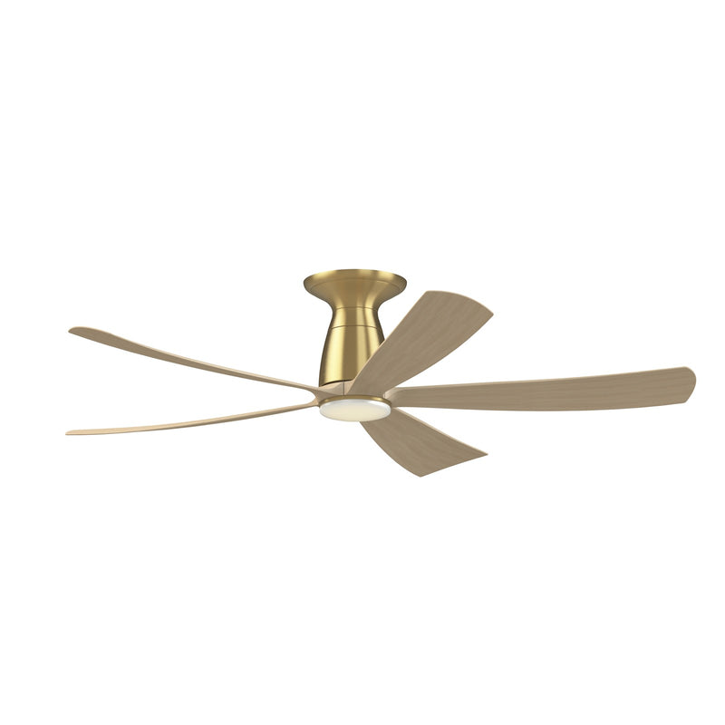Fanimation Kute5 52in Flush Smart Ceiling Fan | Brushed Satin Brass and Natural Composite Blades | Covered Patio & Bedroom | Model FPD5534BSN-LK-F
