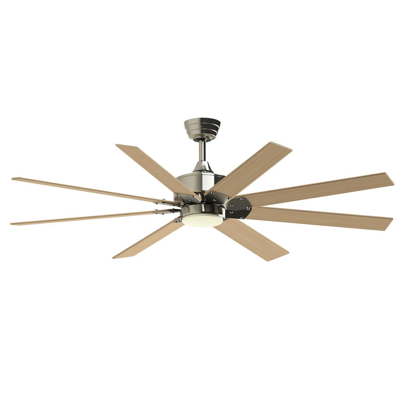 Fanimation Levon Custom 64in 8-Blade DC Ceiling Fan with LED Light | Brushed Nickel and Natural Composite | Covered Patio | Model FPD7912BBN-64N-LK