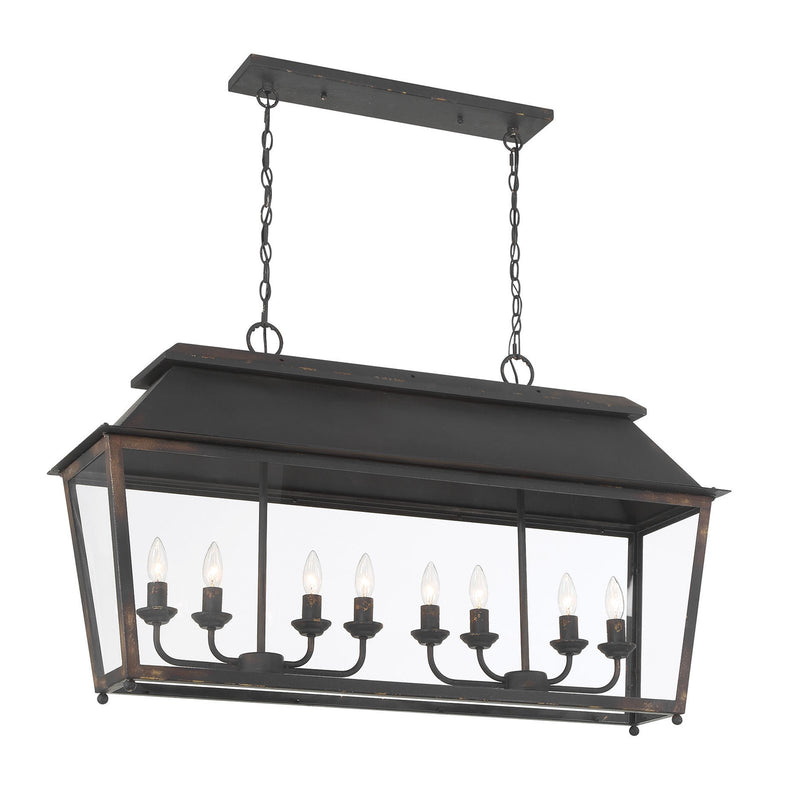 Golden Lighting Abingdon 42in 8-Light Island Light | Farmhouse Antique Black Iron and Clear Glass | Kitchen Island & Dining Room | Model 0804-LP ABI