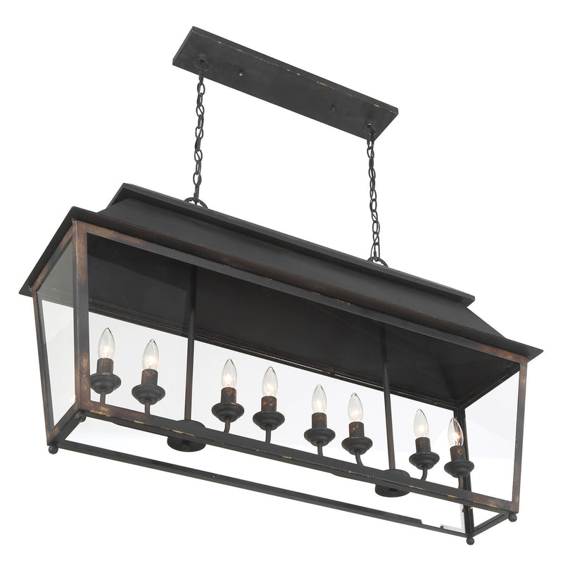Golden Lighting Abingdon 42in 8-Light Island Light | Farmhouse Antique Black Iron and Clear Glass | Kitchen Island & Dining Room | Model 0804-LP ABI