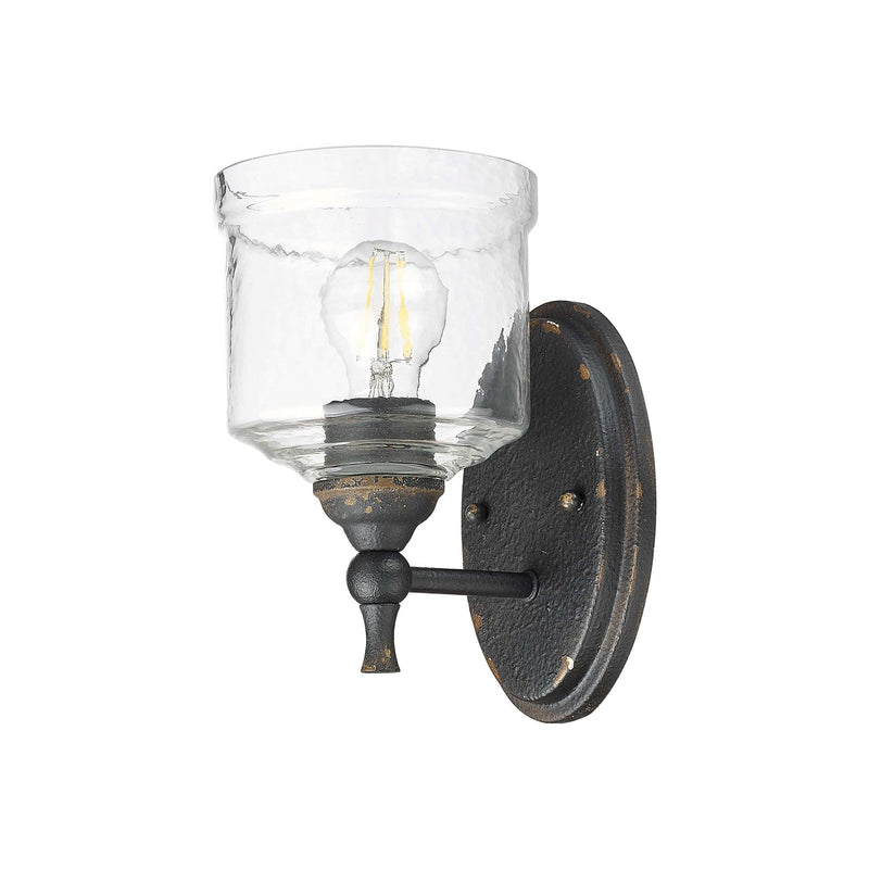 Golden Lighting Keating 1-Light Wall Sconce | Farmhouse Antique Black Iron and Hammered Water Glass | Hallway & Bathroom | Model 0806-1W ABI-HWG