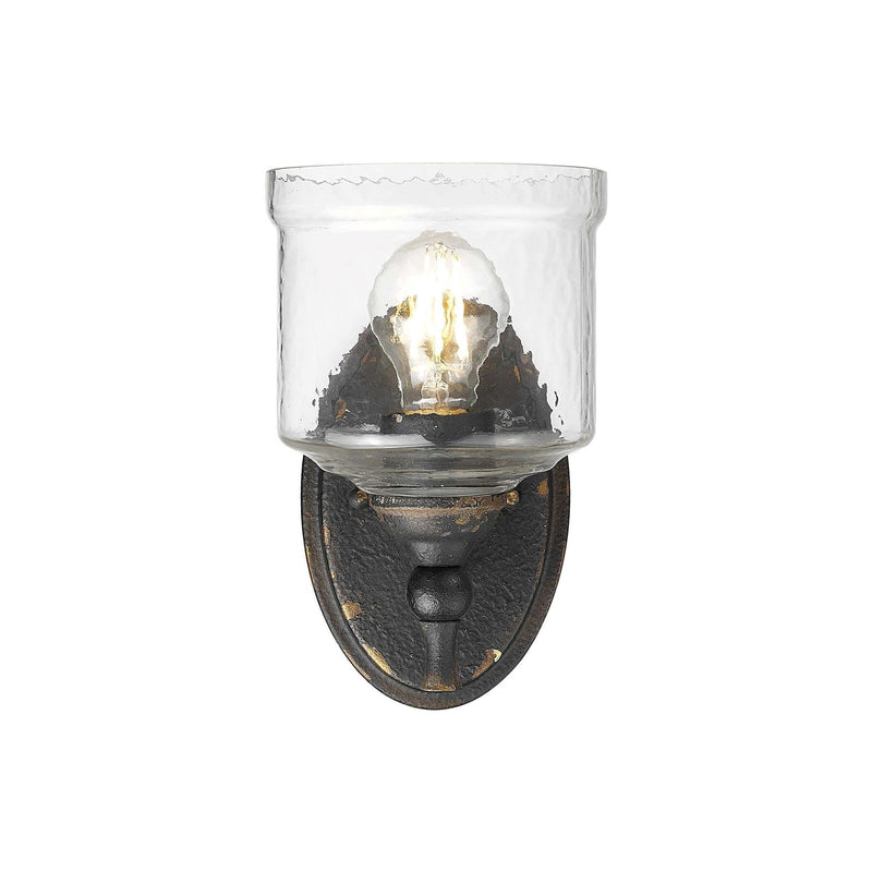 Golden Lighting Keating 1-Light Wall Sconce | Farmhouse Antique Black Iron and Hammered Water Glass | Hallway & Bathroom | Model 0806-1W ABI-HWG