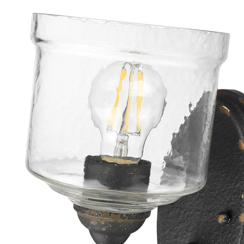 Golden Lighting Keating 1-Light Wall Sconce | Farmhouse Antique Black Iron and Hammered Water Glass | Hallway & Bathroom | Model 0806-1W ABI-HWG