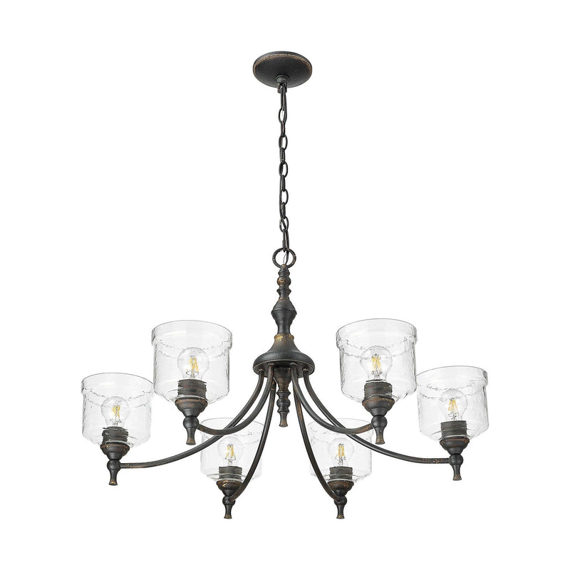 Golden Lighting Keating 33in 6-Light Chandelier | Farmhouse Antique Black Iron and Hammered Water Glass | Dining Room & Foyer | Model 0806-6 ABI-HWG