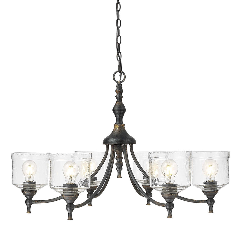Golden Lighting Keating 33in 6-Light Chandelier | Farmhouse Antique Black Iron and Hammered Water Glass | Dining Room & Foyer | Model 0806-6 ABI-HWG