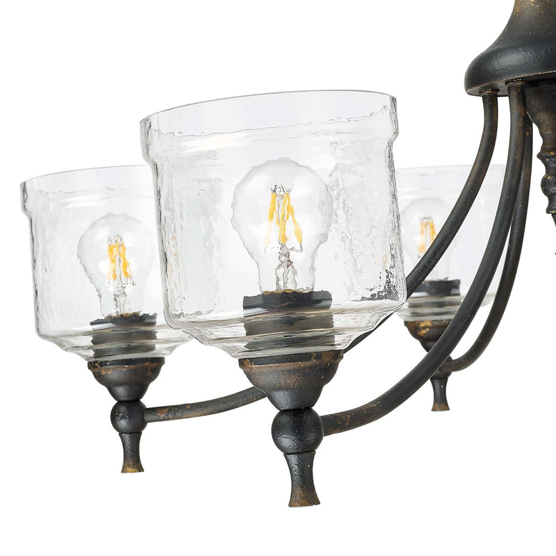Golden Lighting Keating 33in 6-Light Chandelier | Farmhouse Antique Black Iron and Hammered Water Glass | Dining Room & Foyer | Model 0806-6 ABI-HWG