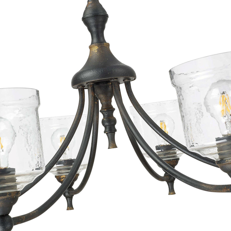 Golden Lighting Keating 33in 6-Light Chandelier | Farmhouse Antique Black Iron and Hammered Water Glass | Dining Room & Foyer | Model 0806-6 ABI-HWG